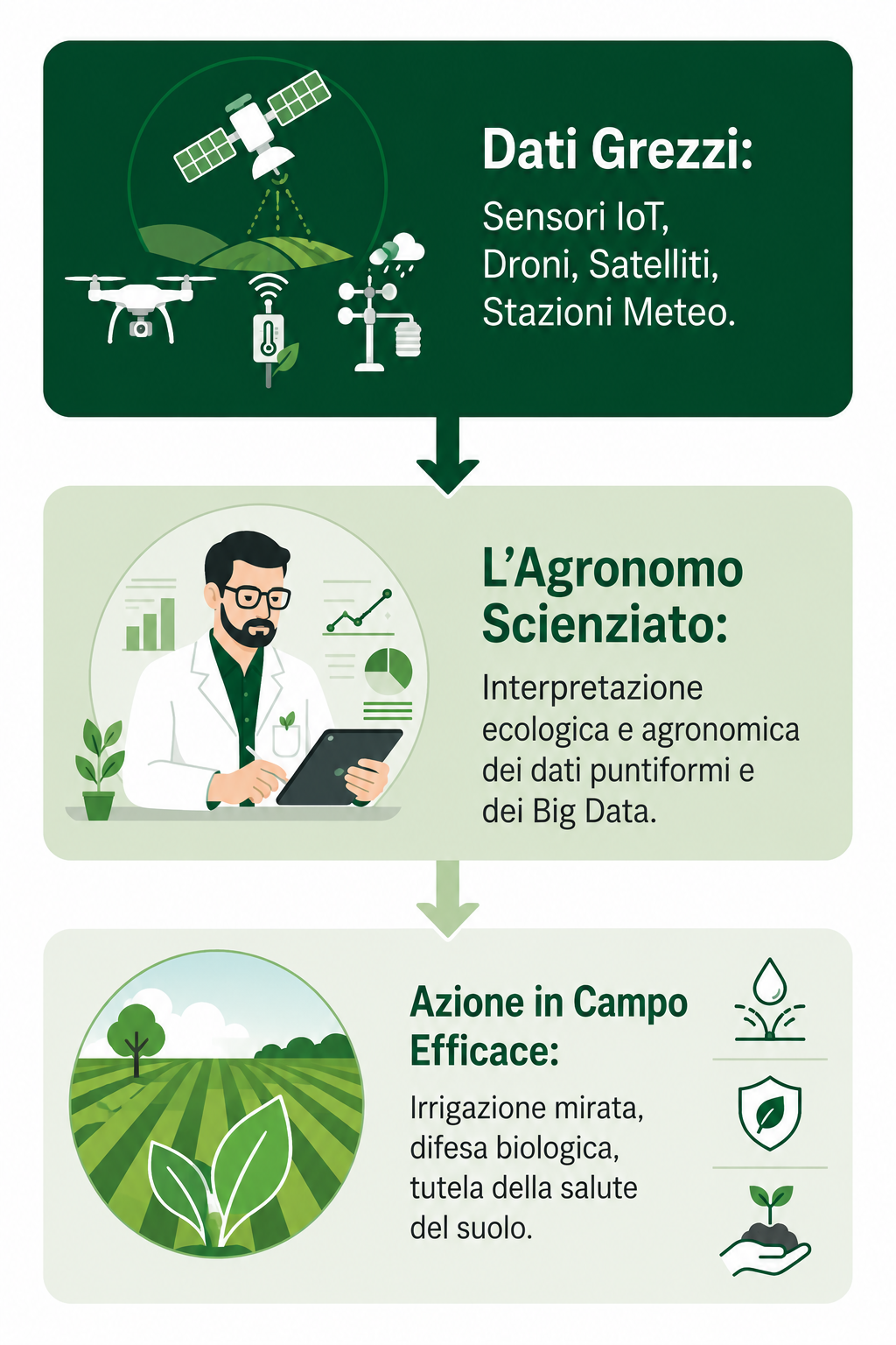 Diagramma di flusso che illustra il ruolo dell'agronomo nell'interpretazione dei dati digitali e IoT per la gestione sostenibile del campo." Didascalia visibile: "Dal dato grezzo all'azione sostenibile: il processo di elaborazione agronomica nella transizione eco-digitale