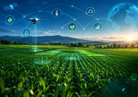 Rappresentazione concettuale dell'agricoltura di precisione e transizione eco-digitale con drone, satellite e sensori di campo - Convegno SIA 2026 Pisa